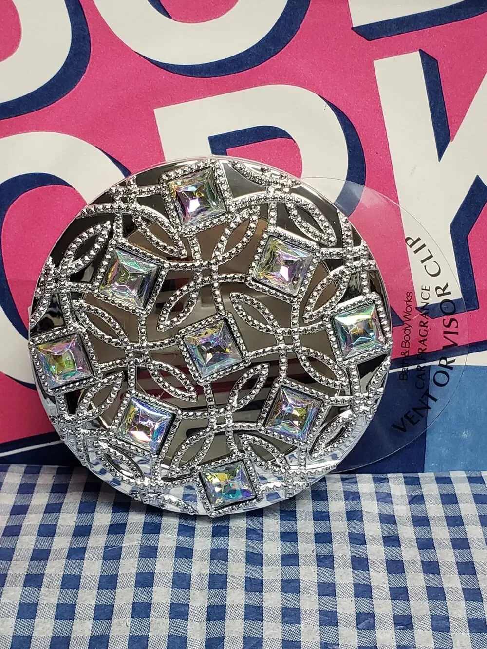 BBW Silver Bejeweled Gem Scroll Visor & Vent Clip Car Fragrance Holder Decor